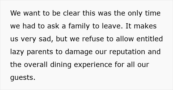 Text from a pizza place addressing issues with unruly kids and parents affecting their dining experience.