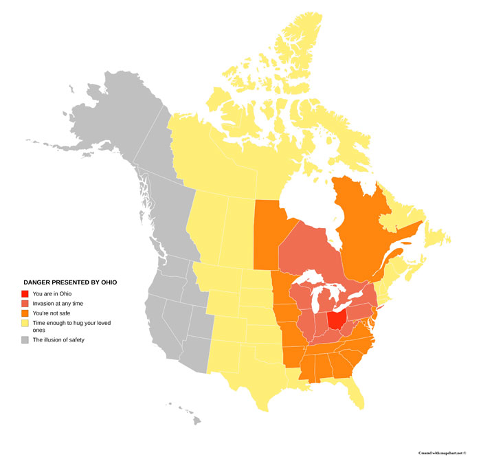 Map illustrating Ohio influence levels, using colors to represent varying degrees of danger. Map illustrating Ohio influence levels, using colors to represent varying degrees of danger.
