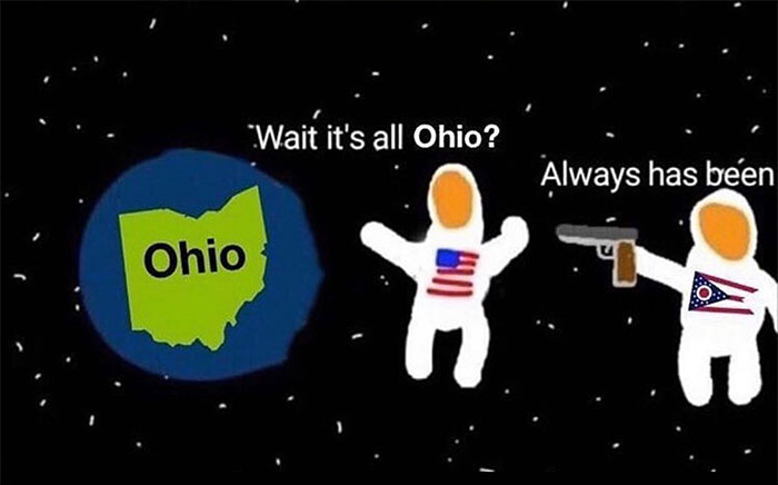 Astronauts in space referencing Gen Alpha slang, with Ohio-shaped Earth.