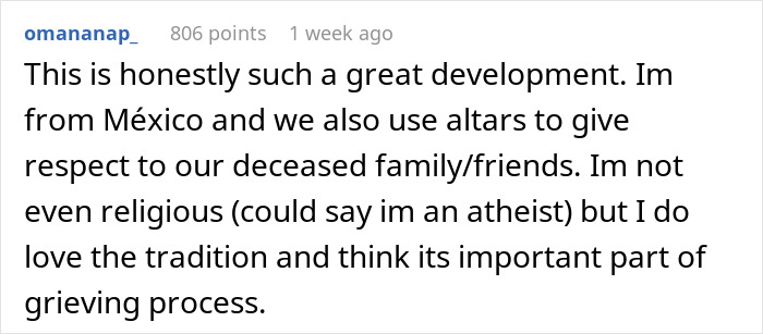 Text comment about using altars in Mexico for grieving, despite not being religious.
