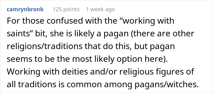 Comment discussing religion, mentioning paganism and working with deities, highlighting common pagan practices.