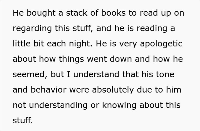 Text excerpt highlighting a boyfriend's efforts to understand religion better by reading books nightly.