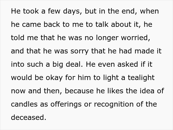 Text describing a man apologizing and discussing a candle ritual, focusing on religion and understanding.