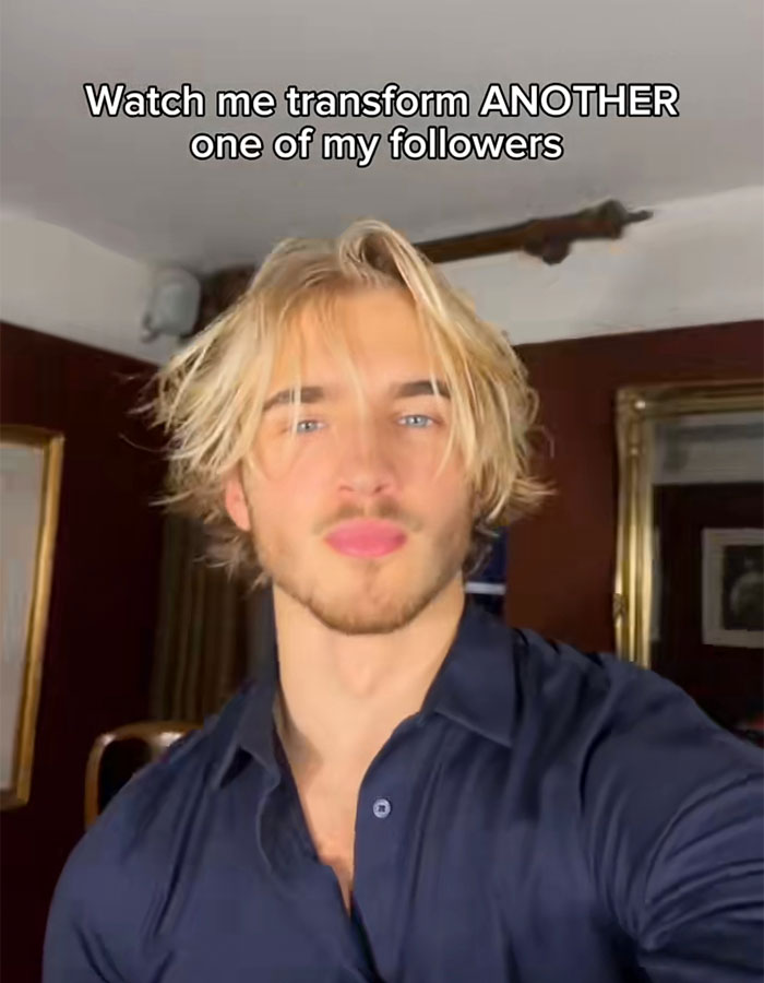 Man with blonde hair in a navy shirt, sharing transformation techniques for looking like a supermodel.