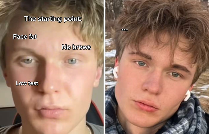 Man's transformation journey with face close-ups, showing before and after supermodel techniques.