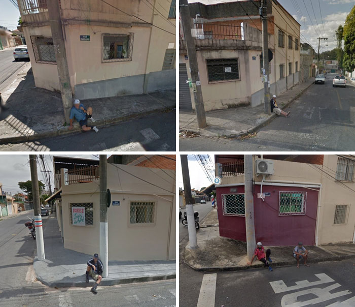 Strange discoveries on Google Earth: people seated against buildings in urban street settings.