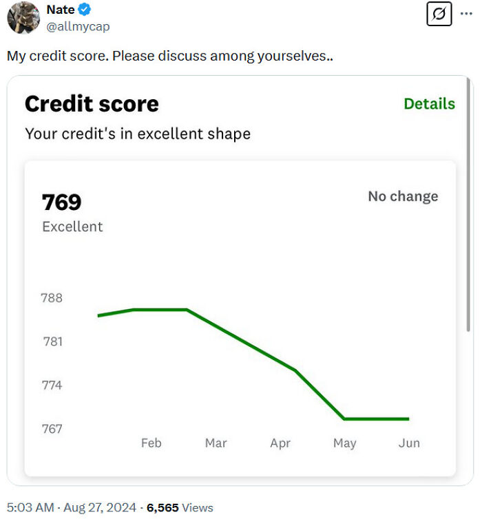 Credit score graph shows excellent stability at 769, humorously commented by user on social media.