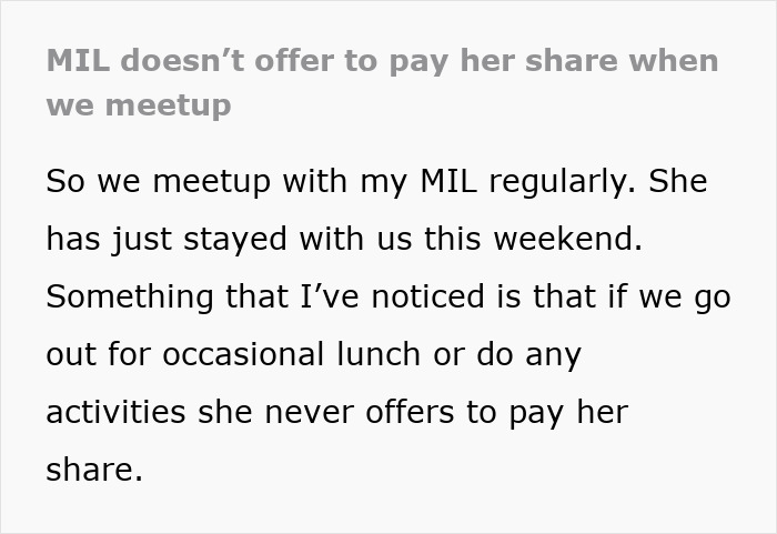 Text discussing MIL's wallet and her never offering to pay during outings with daughter-in-law. Text discussing MIL's wallet and her never offering to pay during outings with daughter-in-law.