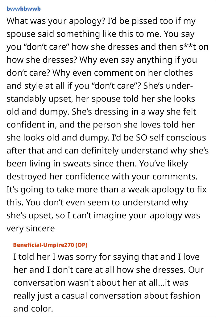 Text exchange about a guy's insensitive comment on girlfriend's appearance, described as "boring, old, and dumpy. Text exchange about a guy's insensitive comment on girlfriend's appearance, described as "boring, old, and dumpy.