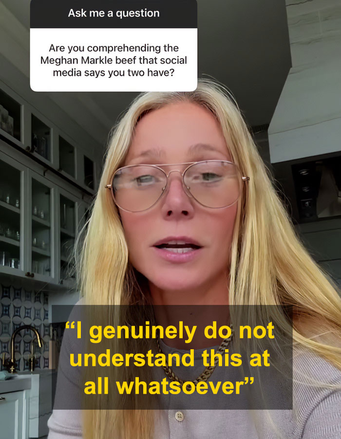 Gwyneth Paltrow addresses Meghan Markle feud rumors in response to social media question, appearing puzzled in kitchen.
