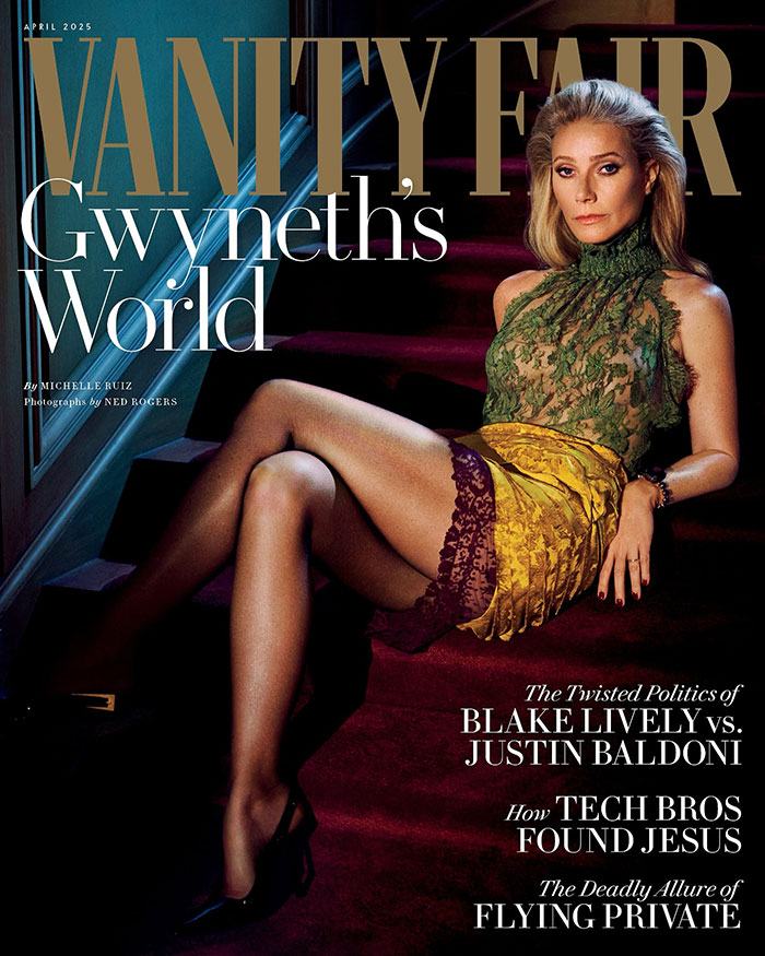 Gwyneth Paltrow seated in elegant attire on a Vanity Fair cover.