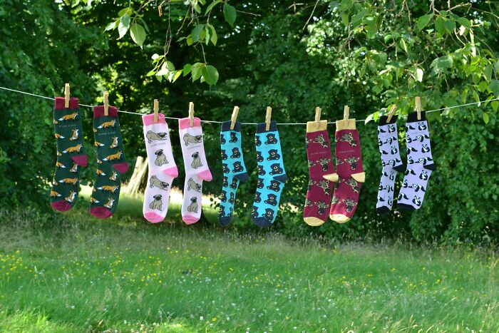 Colorful socks on a clothesline outdoors, illustrating lesser-known cleaning hacks for fresh laundry.