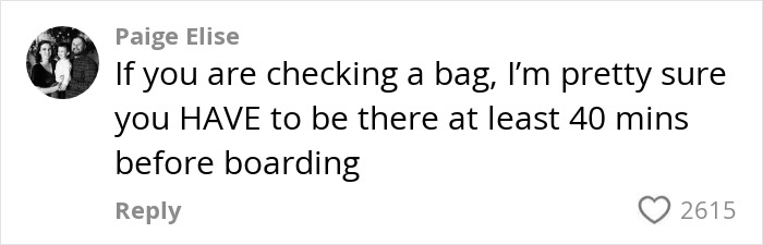 Comment about the viral airport theory trend, discussing check-in timing, with 2615 likes. Comment about the viral airport theory trend, discussing check-in timing, with 2615 likes.