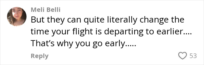 Comment discussing airport theory trend causing missed flights, with 53 likes displayed. Comment discussing airport theory trend causing missed flights, with 53 likes displayed.