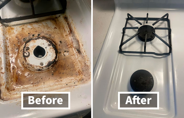 Before and after stove cleaning, revealing a previously sneaky dirty spot now spotless.