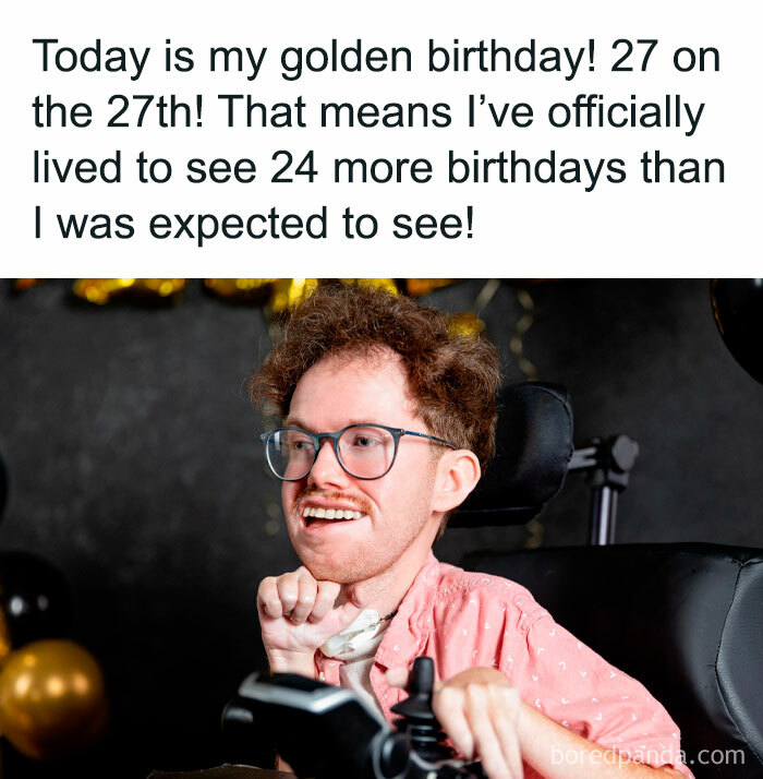 Man smiling at birthday celebration, highlighting positive and uplifting milestone with balloons in the background.
