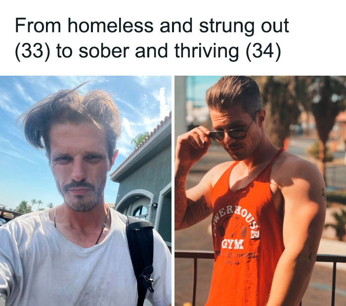 Before and after transformation of a man from struggling to thriving, showcasing a positive and uplifting change.