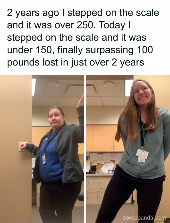 Woman celebrating weight loss journey, before and after over two years, showcasing positive transformation.