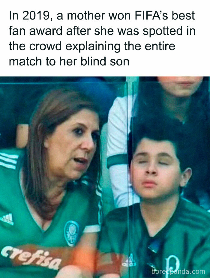 Mother explains a football match to her blind son, showcasing positive and uplifting fan moments.