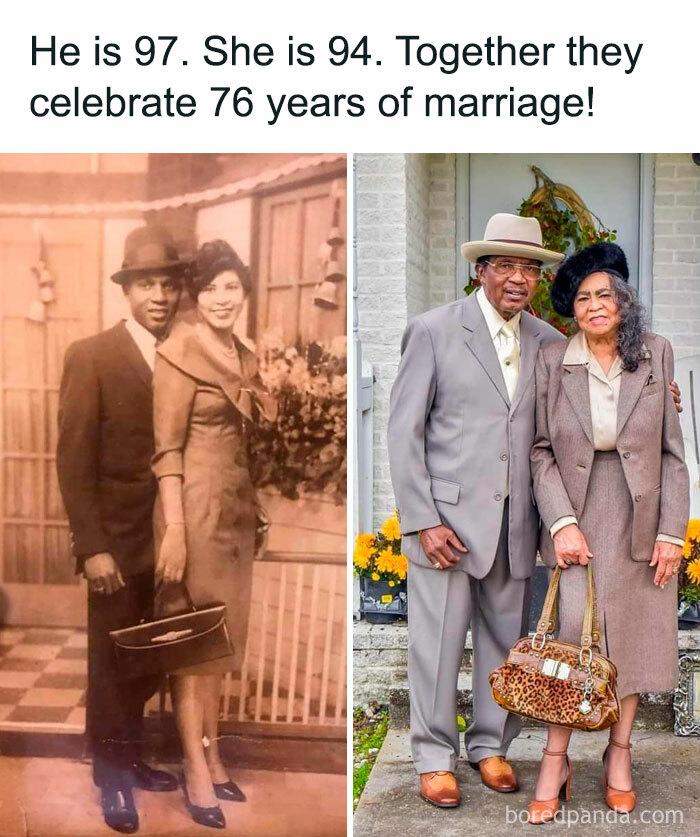 Elderly couple celebrating 76 years of marriage, showcasing positive and uplifting love through then-and-now photos.
