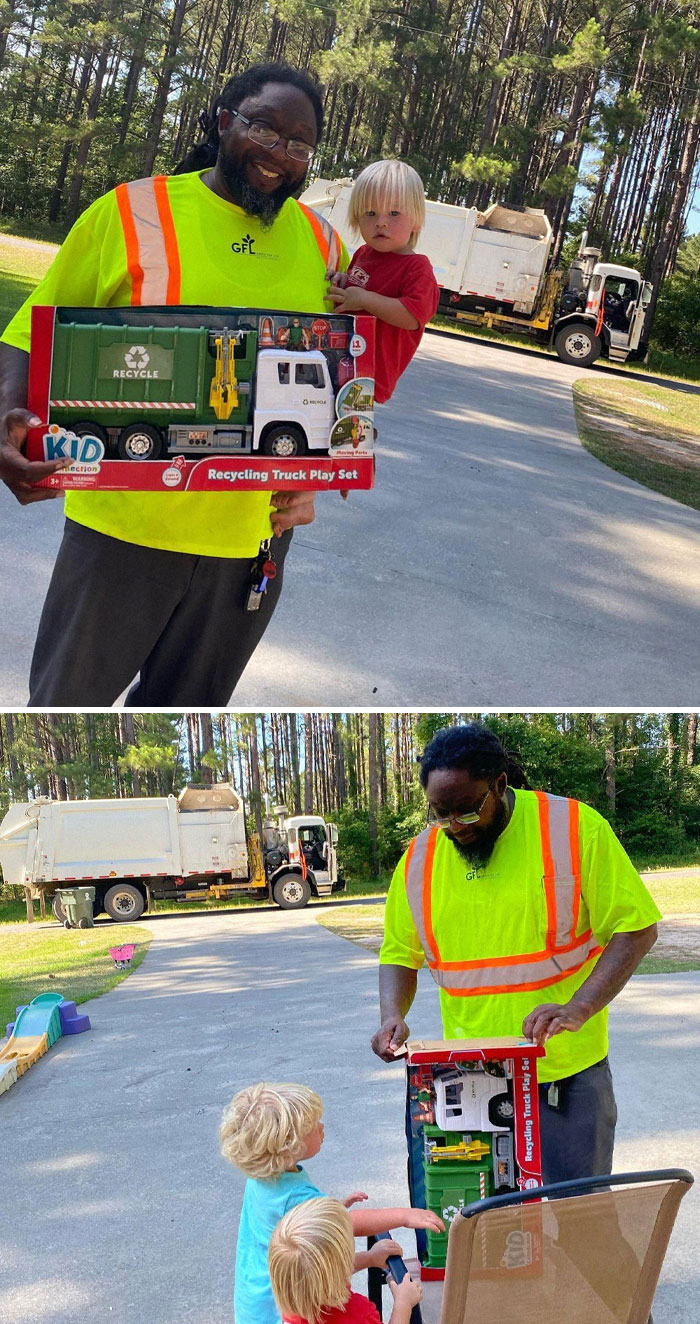 Man in a safety vest shares a recycling truck toy with kids, creating a positive and uplifting moment.