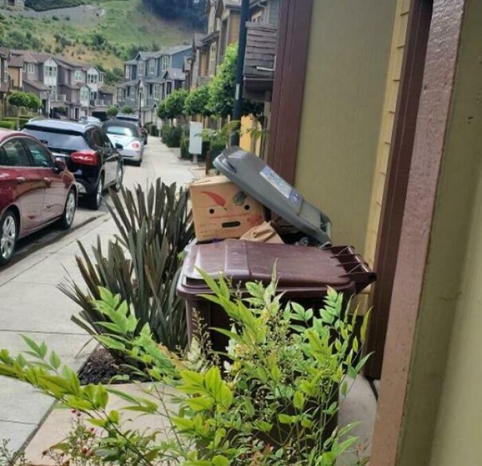 Trash bin with a face drawn on a cardboard box, humorously open on a suburban street, showcasing passive-aggressive humor.
