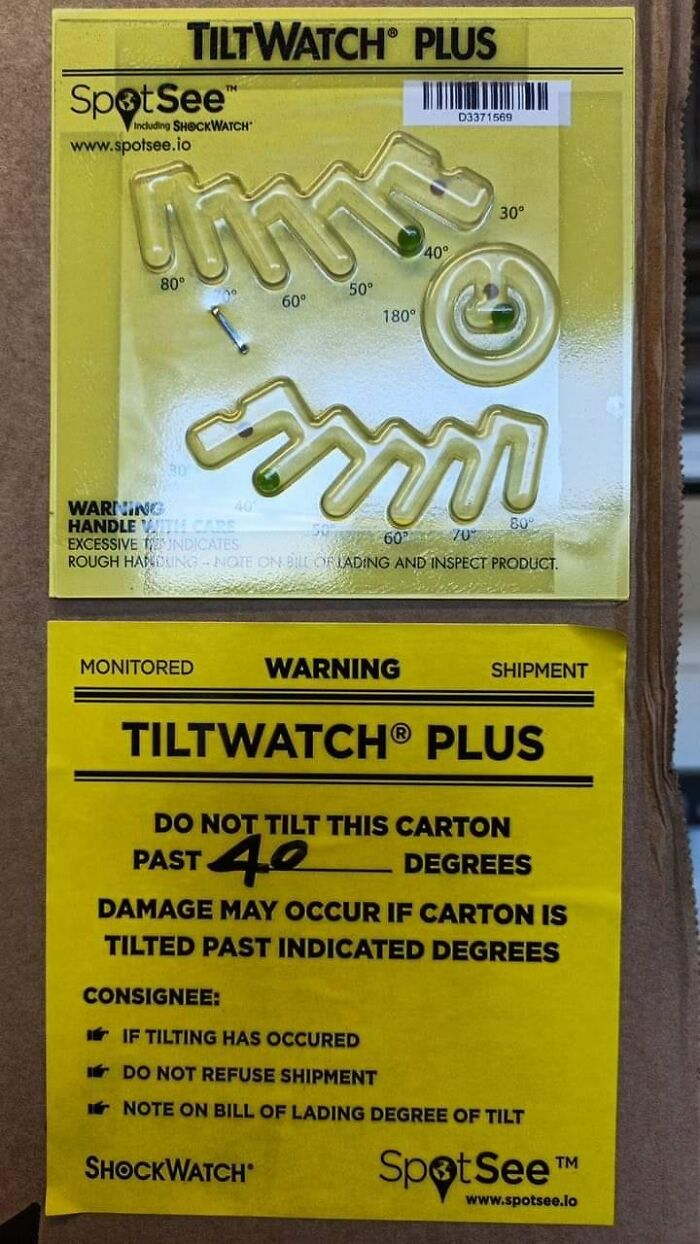 TiltWatch Plus warning label on packaging, indicating potential damage if carton is tilted beyond 40 degrees.