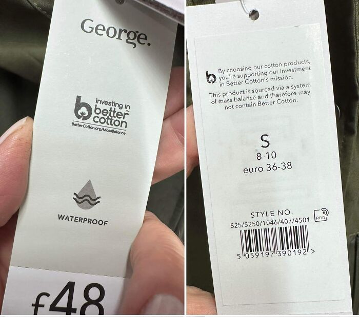 Clothing label highlighting cotton sourcing and size details, possibly a warning sign of mislabeling.