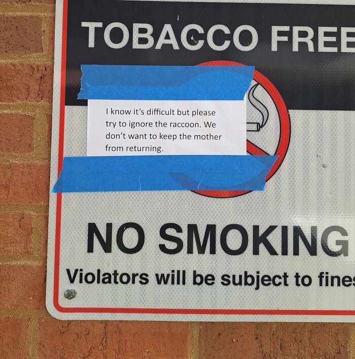 No smoking sign with warning message about ignoring raccoon, taped over it.