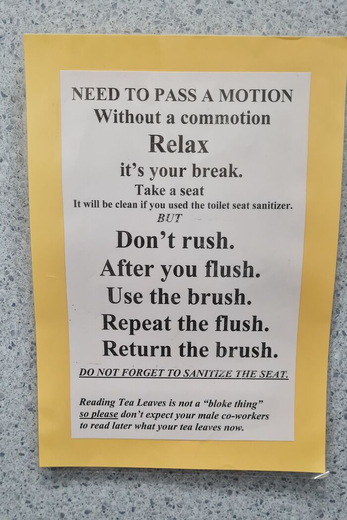 Sign with bathroom instructions about etiquette and cleaning to avoid aftermath of mistakes.