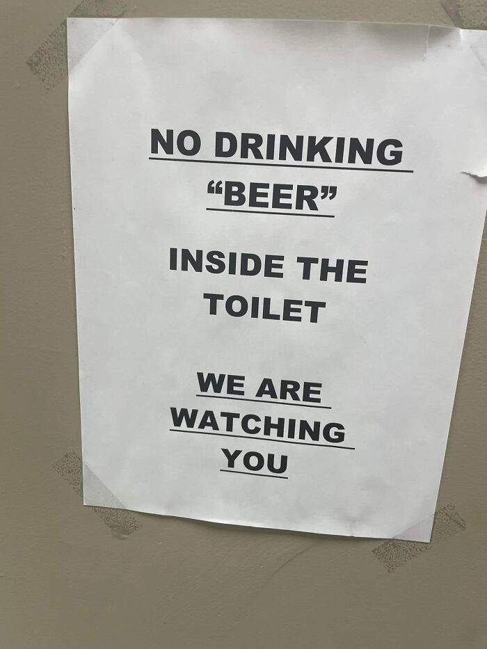 Sign warning against drinking "beer" in the toilet.