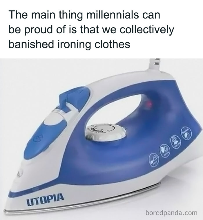 Iron with text about millennials banishing ironing, highlighting women's humor memes.
