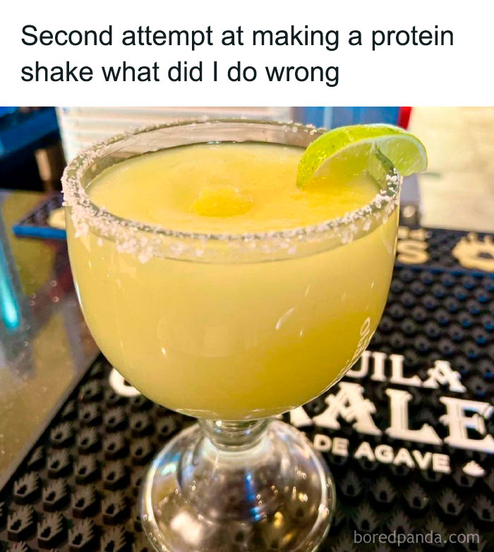 Funny meme showing a margarita labeled as a failed protein shake experiment.