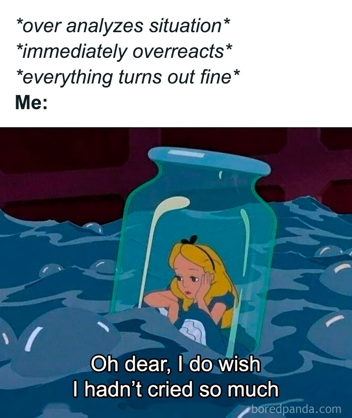 Cartoon character trapped in a bottle, illustrating overreaction humor.