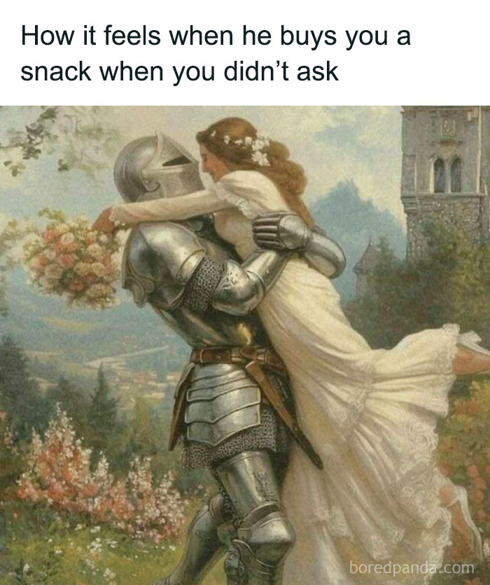 Knight lifting a bride humorously depicts unexpected snack gifts, relating to funny memes on women's humor.