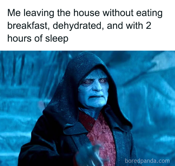 Funny meme of a blue-faced character in a black hood, representing leaving home tired and unprepared.
