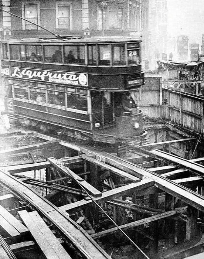 Historic tram crossing unstable tracks in a forgotten corner of history.