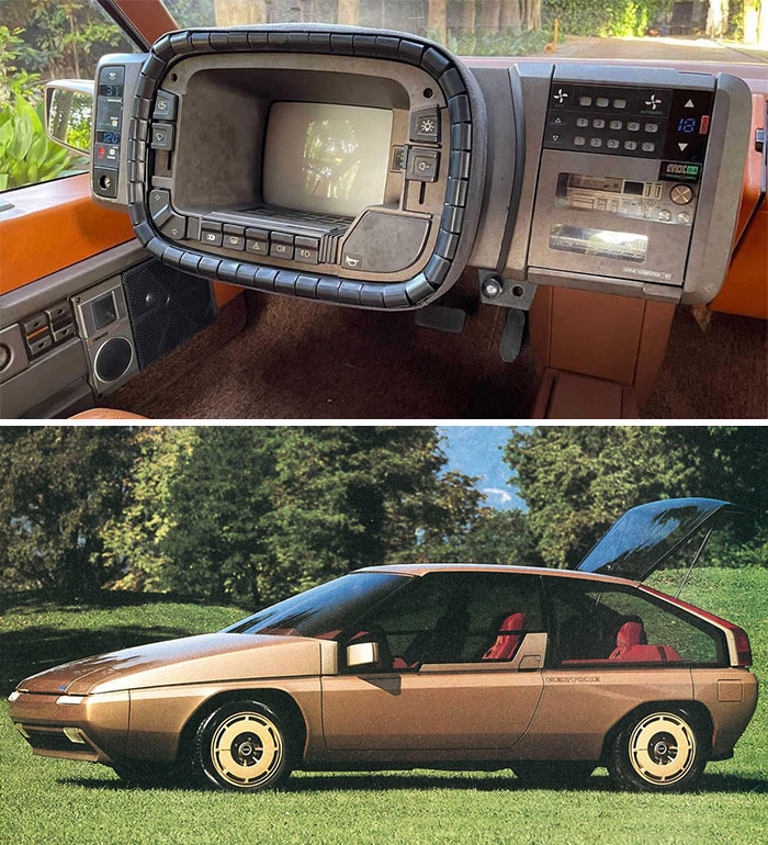Vintage car interior with a unique dashboard design, and exterior view of the futuristic retro vehicle in a grassy setting.