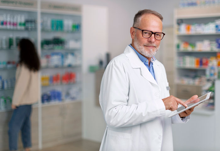 Pharmacy manager in a lab coat and glasses using a tablet, with a pharmacy shelf in the background. Pharmacy manager in a lab coat and glasses using a tablet, with a pharmacy shelf in the background.