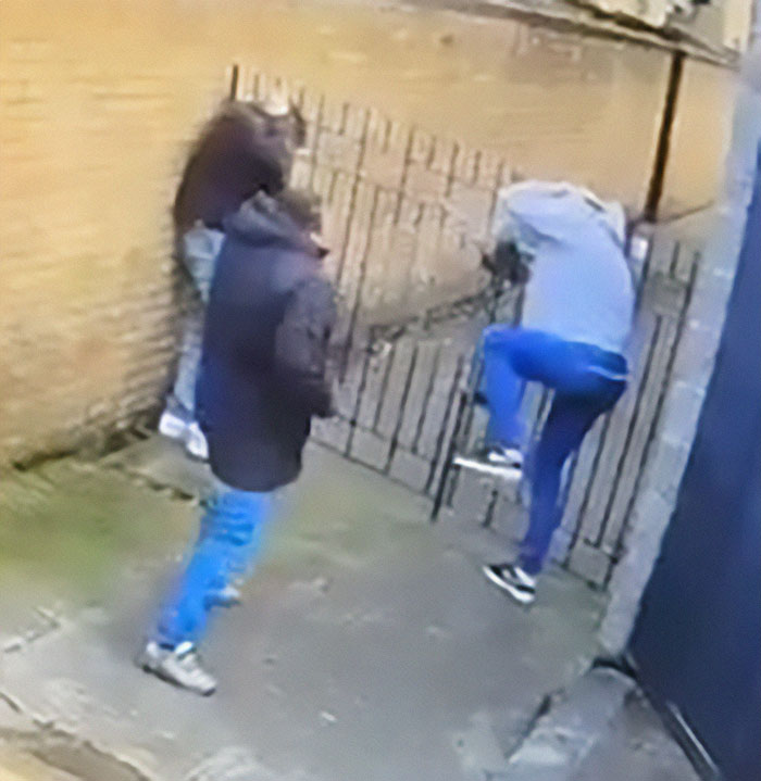 Three people climb a metal gate in an alley, with the Irish horse carriage incident in context.
