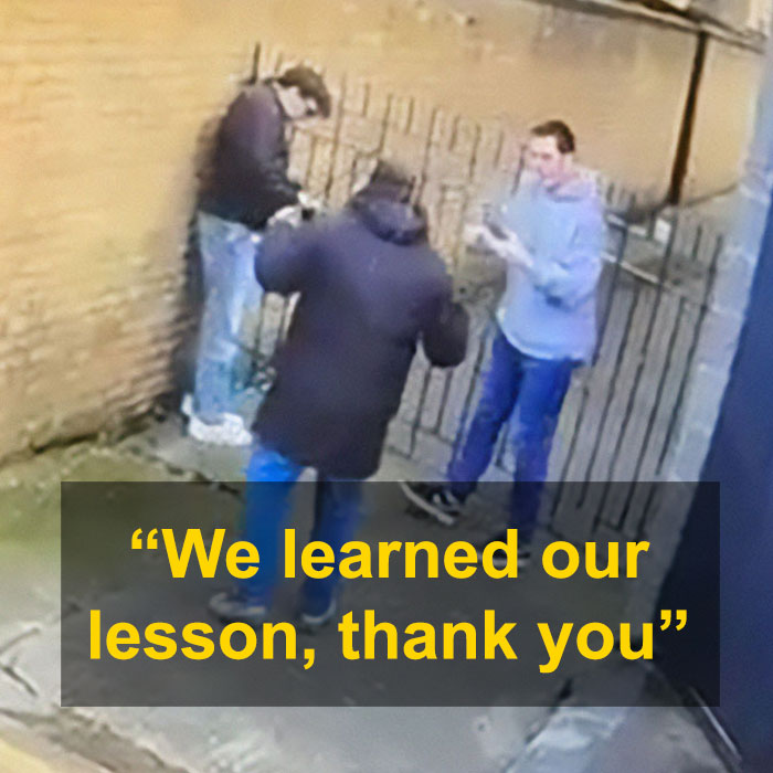 Three people standing near a gated area with text overlay: "We learned our lesson, thank you." Horse carriage driver incident.