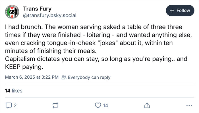 "Social media post about brunch experience reflecting 'hot takes' on dining and capitalism."