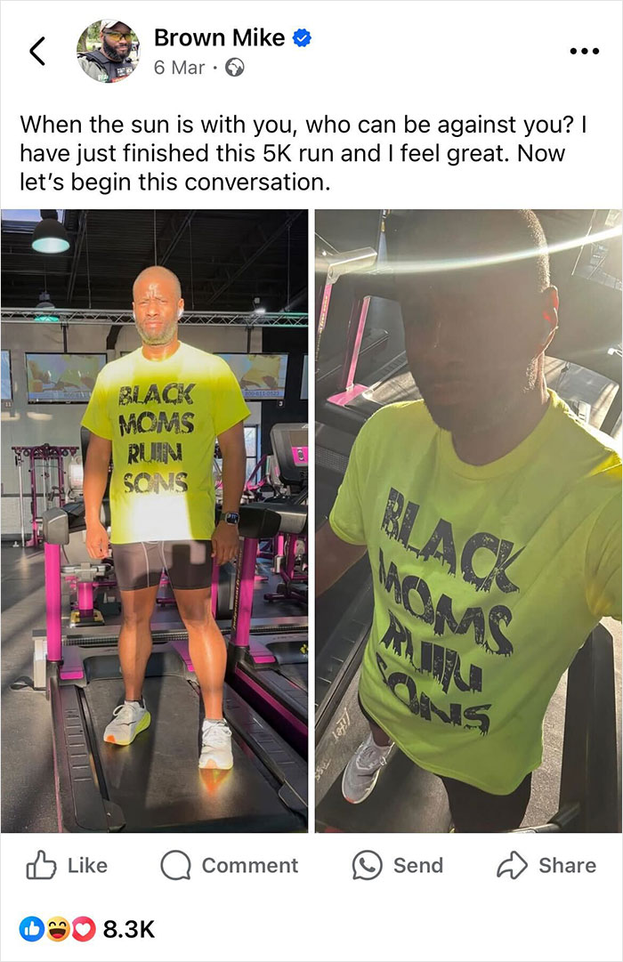 Man on a treadmill wearing a bright shirt with bold letters, sharing a post-run message.