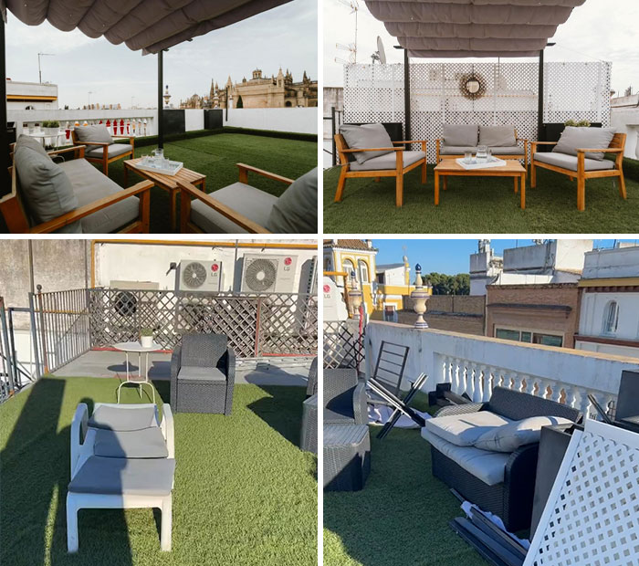 Airbnb expectations versus reality: rooftop area with mismatched furniture and uneven layout.