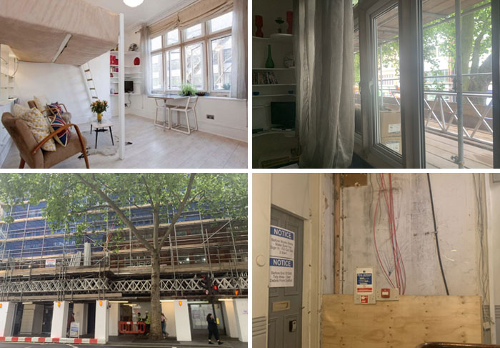 Airbnb expectations not met: mismatched interiors, cluttered balcony view, construction site outside, unfinished wall inside.