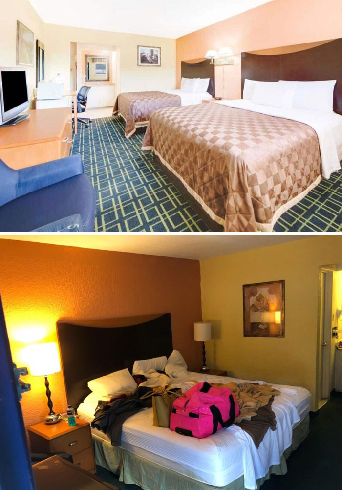 Airbnb expectations vs. reality: tidy, well-lit room compared to messy, dimly lit room with unmade bed and luggage.