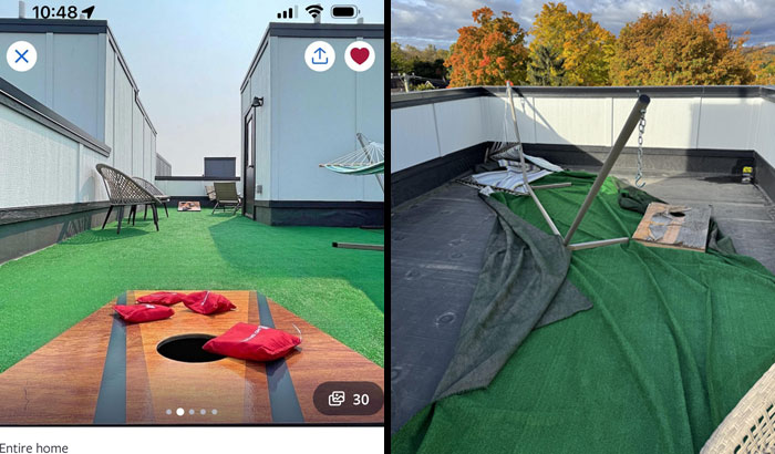 Airbnb expectations versus reality: neat rooftop with games versus disorganized, bare rooftop area.