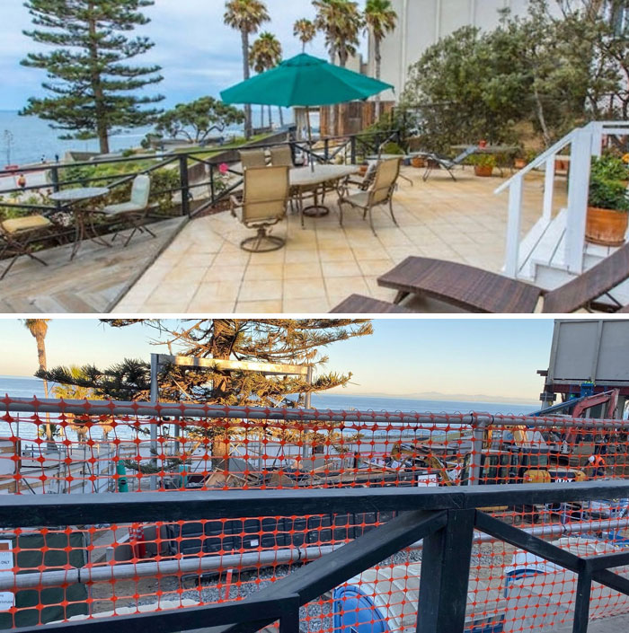 Airbnb expectations vs reality: a scenic patio view blocked by construction fencing and equipment.