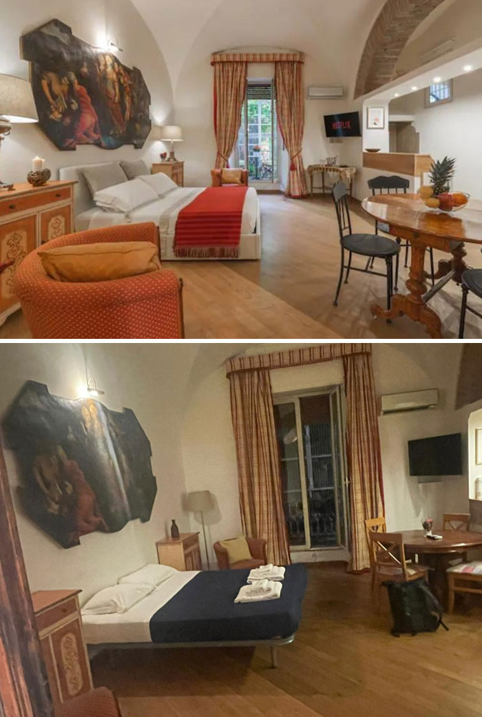 Airbnb room with mismatched bedding and curtains, highlighting unmet guest expectations.