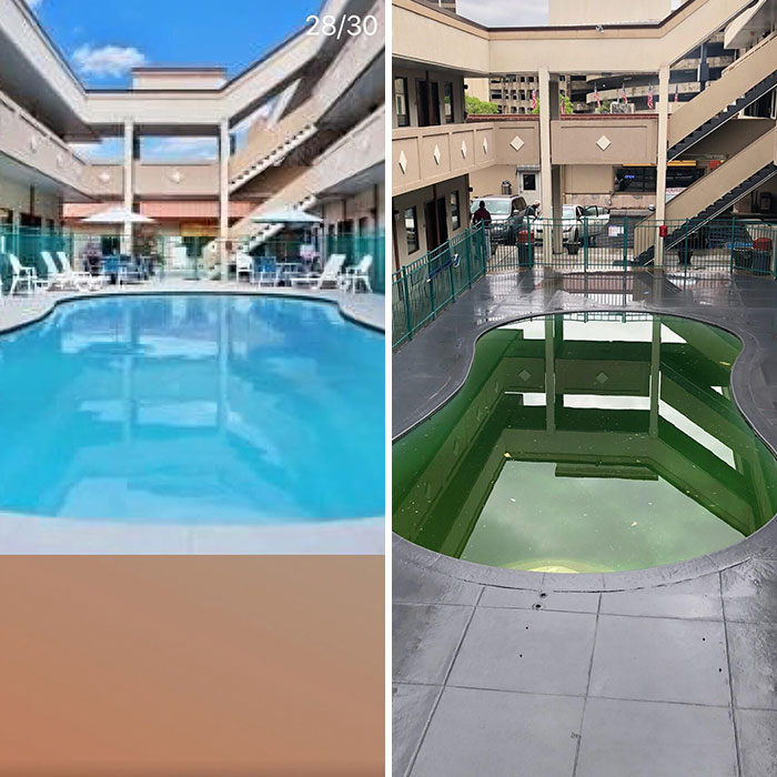 Airbnb expectation vs reality: clean blue pool on left, dirty green pool on right.